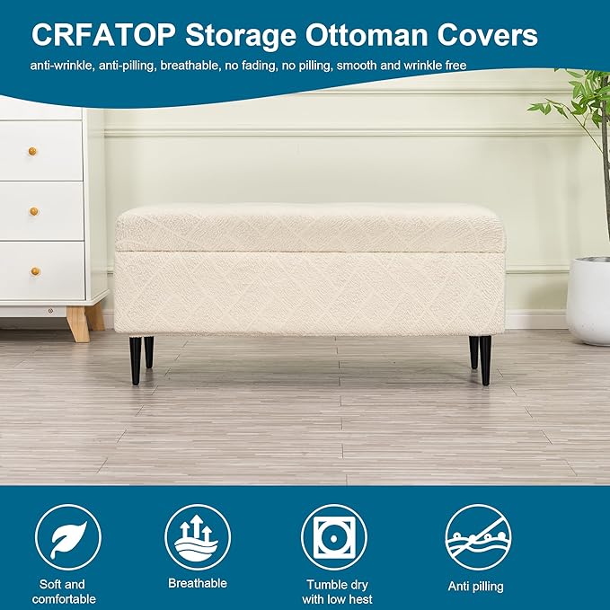 CRFATOP Jacquard Rectangle Ottoman Stool Cover Stretch Folding Storage Footstool Bench Slipcovers Upholstered Foot Chest Chair Covers Washable Entryway Furniture Protector with Elastic Bands,M,Beige