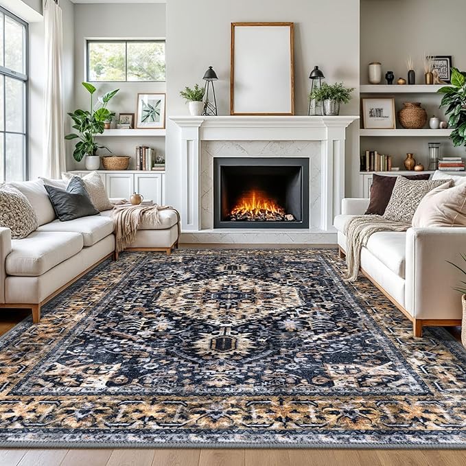 KOZYFLY Boho Area Rug 9x12 Ft Thin Rugs for Living Room Washable Bedroom Rug Non Slip Rugs for Living Room Gold Navy Printed Faux Wool Vintage Bedroom Rug Floor Carpet for Dining Room