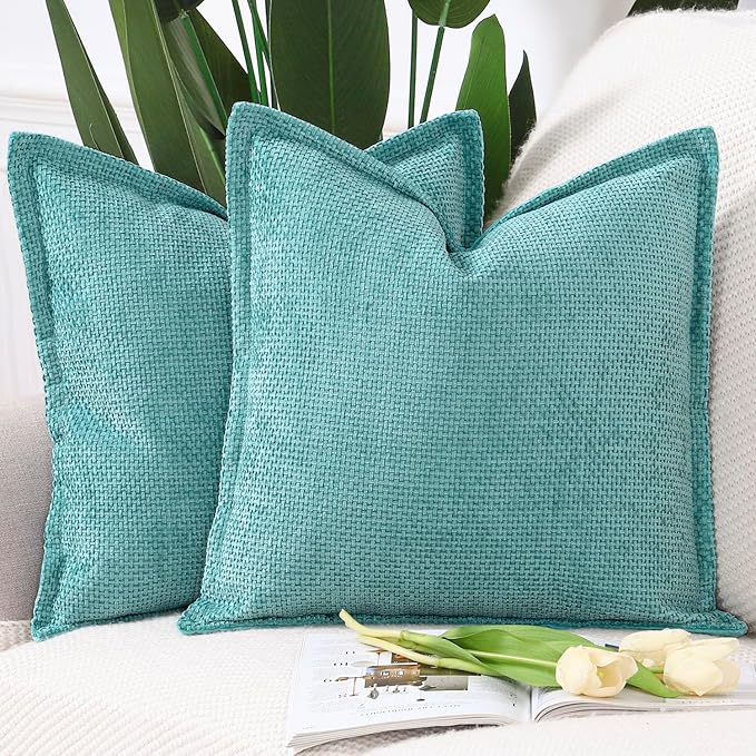 MADIZZ Chenille Velvet Throw Pillow Covers with Flange Set of 2 Super Soft Boho Textured Pillow Covers Decorative Throw Pillowcases Modern Farmhouse Home Decor for Sofa Bedroom Turquoise 24x24 Inch