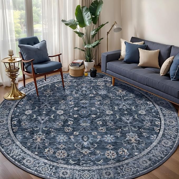 Tangsoo Vintage Round Rug 5ft Washable Circle Rug, Non Slip Boho Round Area Rug, Low Pile Floral Circular Rugs, Machine Washable Round Carpet for Bedroom,Livingroom,Nursery,Dorm,Office,Blue