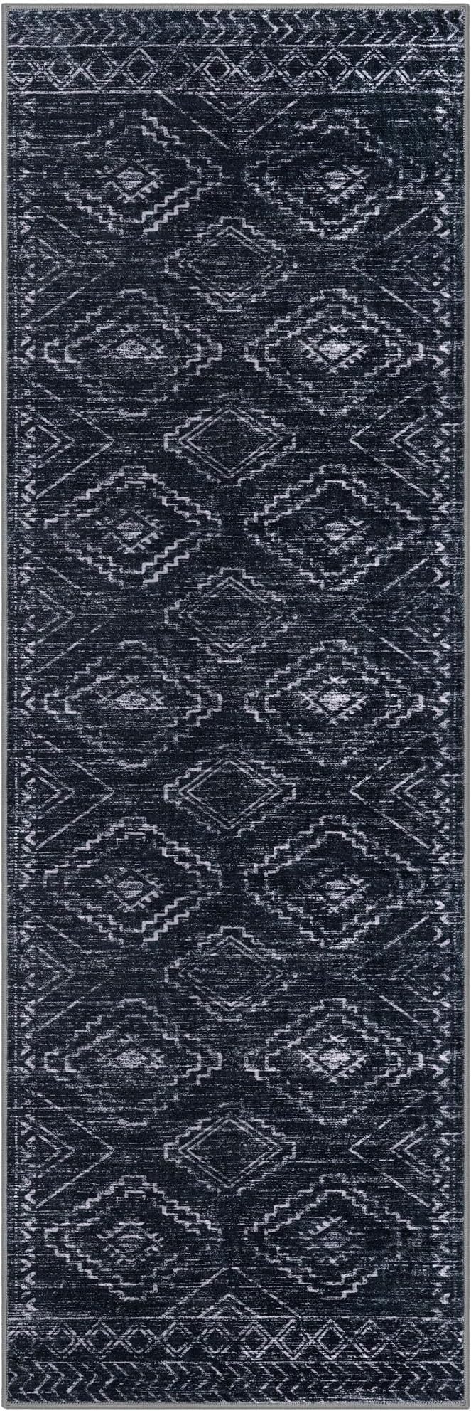 KILOCOCO Boho Kitchen Runner Rug 2x6 Washable Runner Rug, Soft Runners for Hallways Non Slip Printed Distressed Laundry Room Rug, Low-Pile Rug for Entryway/Bedroom/Living Room, Black/Navy