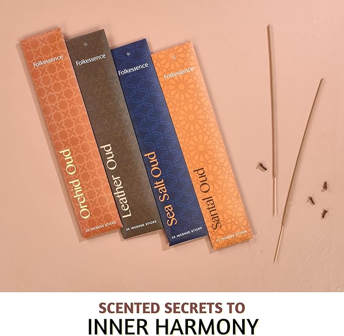 Folkulture Incense Stick with 60 Mins Burn Time for Gifting | Set of 4 (11") Organic Insenses | Pack of 100 Insence Sticks | Orchid, Leather Oud, Sea Salt, Santal Inciensos | Non Toxic Scented Insents