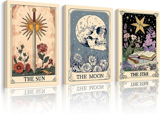 Tarot Card Wall Art Sun Moon Canvas Wall Decor Mystical Astrology Wall Art Boho Celestial Prints Star Skull Poster Tarot Card Picture for Living Room Bedroom 16x24x3 Inch Framed