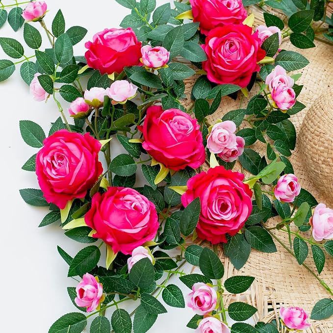 6FT Bendable Flower Garland, Artificial Rose Vine Hanging Floral Garland Decoration for Weding Home Room Wall Decor (Fushia, 2pcs)