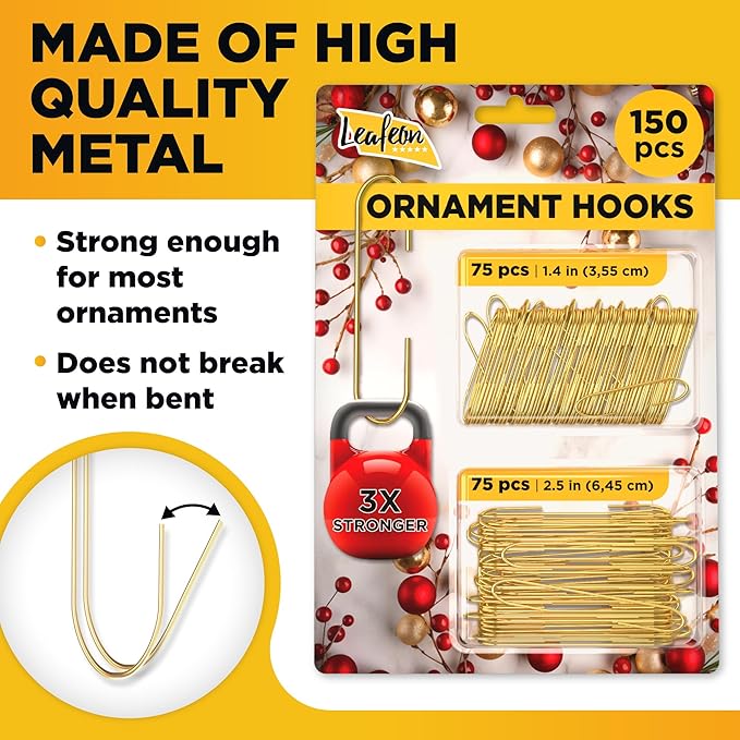 Leafeon Christmas Ornament Hooks 150 Pack - Gold Xmas Ornament Hangers - Suitable as Christmas Tree Decoration