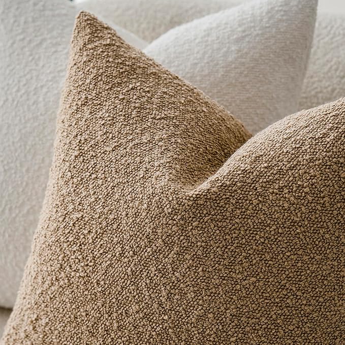 Foindtower Pack of 2, Decorative Textured Boucle Throw Pillow Covers Accent Solid Pillow Cases Cozy Soft Couch Cushion Case for Chair Sofa Bedroom Living Room Home Decor 22 x 22 Inch Taupe Khaki Camel