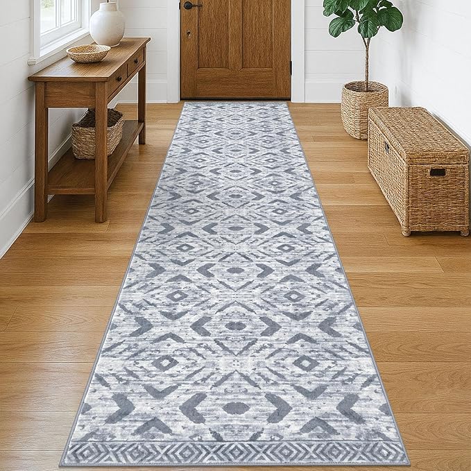 KILOCOCO Hallway Runner Rug 2.6'x10' Washable Printed Moroccan Runner Rugs Non Slip Entryway Rugs Soft Indoor Long Floor Rug for Bedroom Kitchen Living Room Geometric Boho Carpet Runners, Grey White