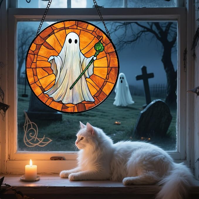 Stained Glass Window Hanging - Halloween Decorations Ghost Witch Wand Suncatcher for Doors Garden Spooky Funny Orange Sun Catchers Gothic Decor Horror Gifts for Women Men Friend 6.3 in