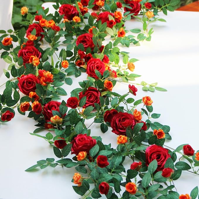 6FT Bendable Flower Garland, Artificial Rose Vine Hanging Floral Garland Decoration for Weding Home Room Wall Decor (Red, 1pcs)