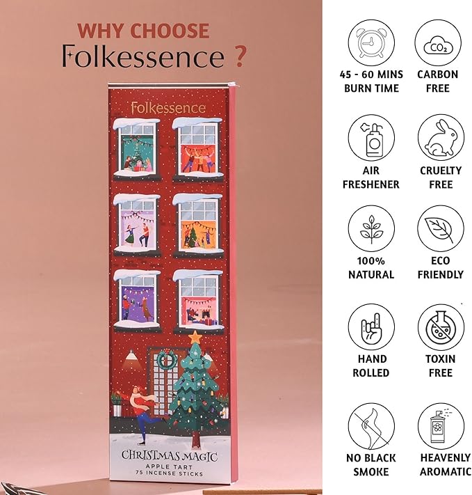 Folkulture Christmas Incense Sticks for Home | Pack of 75 Natural & Non-Toxic Incense for Cleansing | Organic Apple Tart Scent | Xmas Gifts for Her | Christmas Magic