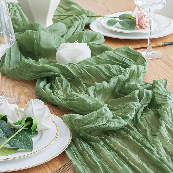 4PCS Table Runner Cheesecloth 10FT Sage Green Boho Gauze Cheese Cloth Rustic Sheer Table Runners for Wedding Bridal Baby Shower Party Decoration