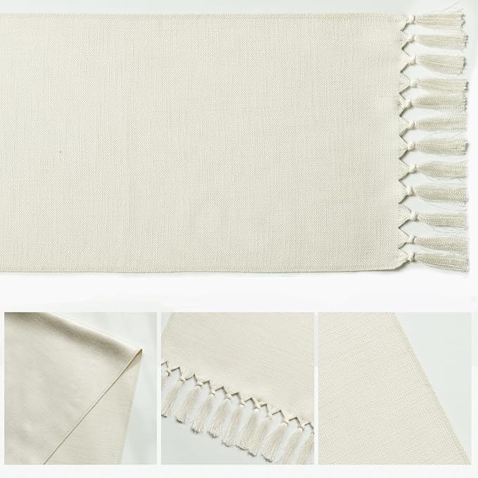 Artoid Mode Beige Tassel Table Runner, Boho Linen Blend Rustic Farmhouse Style Kitchen Table Decoration Holiday Wedding Party Dinning Decor 13x36 Inch