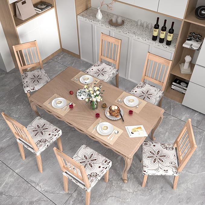 Stretch Dining Chair Seat Covers Set of 4,Dining Chair Slipcovers, Floral Printed Chair Covers,Soft Fabric Washable Upholstered Chair Seat Protector, No Rear Covers for Home Kitchen Dining Room