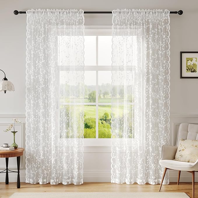 White Lace Semi-Sheer Curtains – Vintage Branch Pattern for Bedroom/Bathroom, Light Filtering Rod Pocket Drapes, Privacy Chic Window Treatments Scalloped Hem, 52W x 72L Inch, 2-Panel Set
