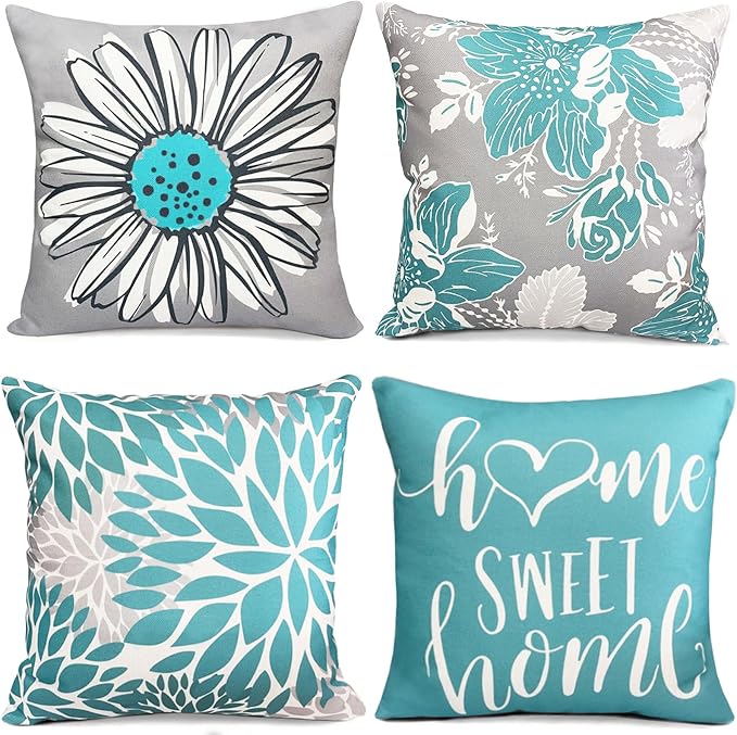 Decorative Throw Pillow Covers Set of 4 Teal Pillow Covers 22x22 inch Throw Pillow Cases Linen Square Pillow Case,Farmhouse Outdoor Modern Boho Pillow Covers for Couch Sofa Living Room