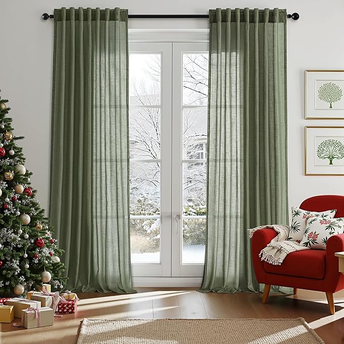 Extra Long Olive Green Linen Curtain 120 Inch long Back Tab Light Filtering Semi Sheer Modern Farmhouse Cotton Textured Ceiling to Floor Window Panels for Living Dining Room Bedroom Decor 2 Panels