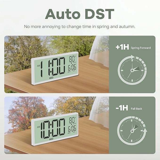 JALL 14.5" Large Digital Wall Clock Battery Operated with Big Digits LCD Screen Display, Day, Date, Alarm, Auto DST, Temperature for Living Room, Bedroom, Desk Decor, Mounted, Gift for Elderly