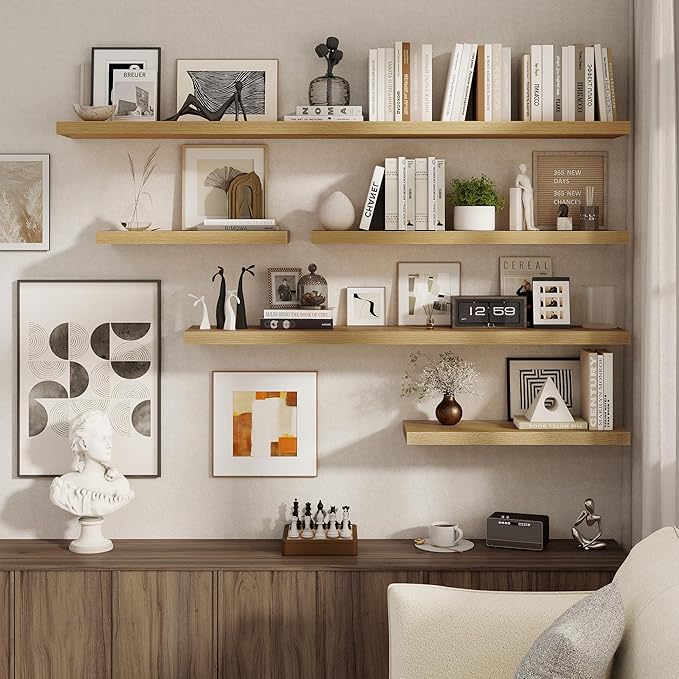 72 Inch Floating Shelves 2 Pack, 8 Inch Deep Floating Shelf Wall Mounted, Large Shelves with Invisible Bracket for Books|Storage, Rustic Wood Wall Shelf for Bedroom, Kitchen, Living Room, Oak