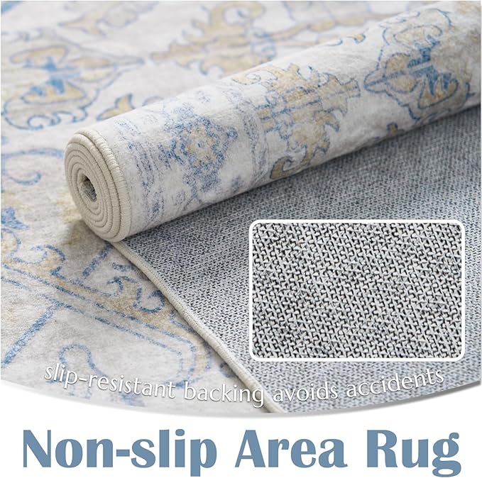 jinchan 8x10 Area Rugs for Living Room Washable Soft Throw Rug Ultra-Thin Stain Resistant Non-Slip Distressed Vintage Floral Large Carpet for Bedroom,Dining Room,Home Office,Nursery (8x10ft,Blue)
