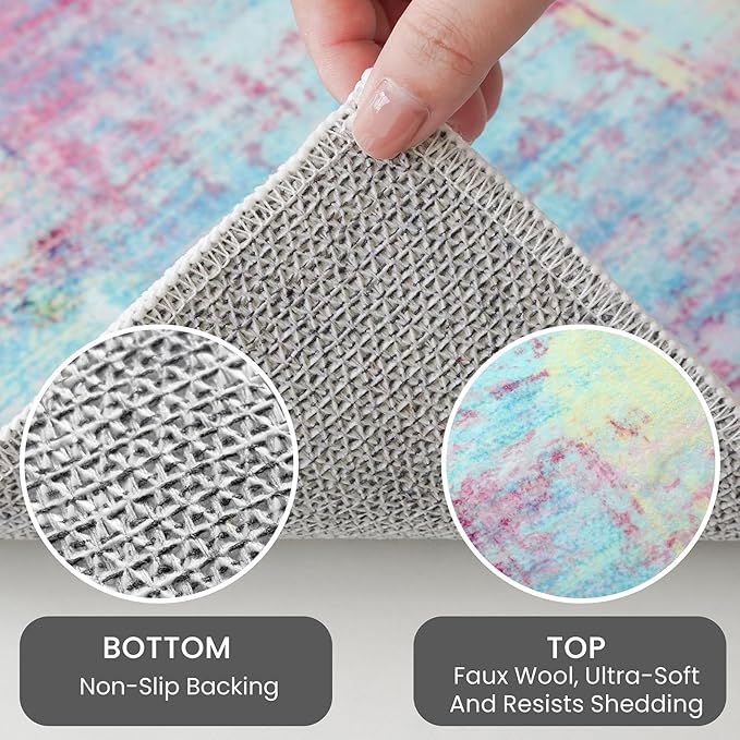 IOHOUZE Abstract Runner Rug 2x7 Ft Washable Runners for Hallways, Non Slip Kitchen Runner Printed Faux Wool Entryway Runners Indoor, Modern Abstract Floor Carpet for Hall Kitchen Bedroom, Pink Teal