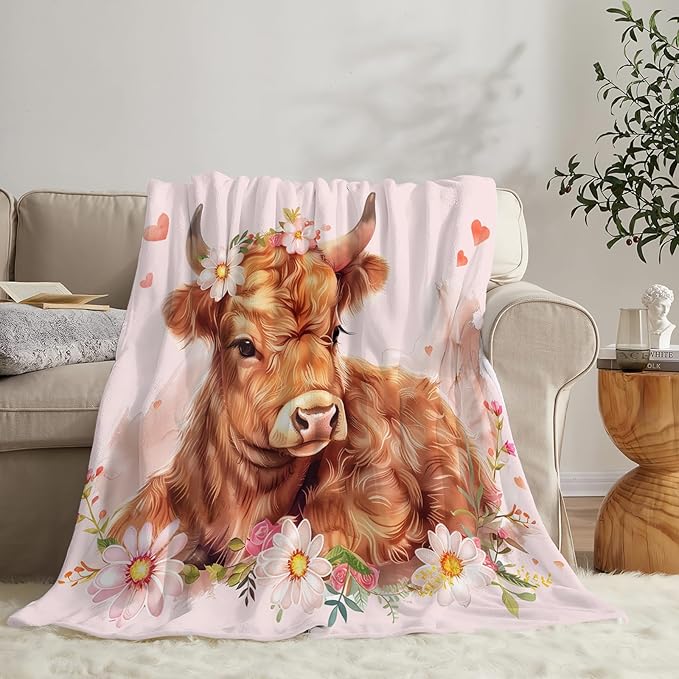 Tijuboni Pink Cow Throw Blanket Highland Cow Gifts for Girls Women Boys Men Kids Adults Soft Flannel Fleece Blanket for Couch Sofa Bed Home Decor 40"x50"