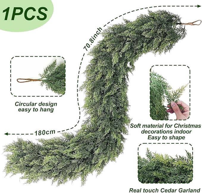 6FT Real Touch Cedar Garland for Fireplace - Artificial Christmas Garlands Realistic Faux Greenery Fake Pine Needles Garland for Holiday,Table, Window,Mantel,Stairs, Home,Indoor Outdoor Decor (1PCS)