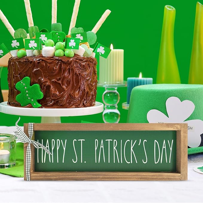Happy St Patricks Day Sign, Wooden Saint Patrick's Table Centerpieces Decor, Indoor Irish Wood Plaque Tabletop Wall Art Shelf Mantel Office Desk March Green Farmhouse Decorations for Home