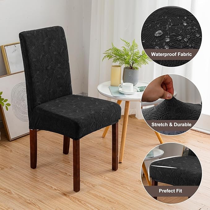 Genina 100% Waterproof Dining Room Chair Covers Set of 4 Stretch Kitchen Chair Covers Parsons Chair Slipcovers for Dining Room Chair Protector Cover, Removable, Washable (Leaf Pattern-Black)