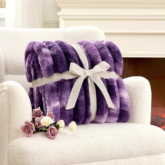 Cozy Bliss Faux Fur Throw Blanket for Couch, Cozy Warm Plush Striped Blanket for Sofa Bedroom Living Room, 90 * 90 Inches Tie-dye Purple
