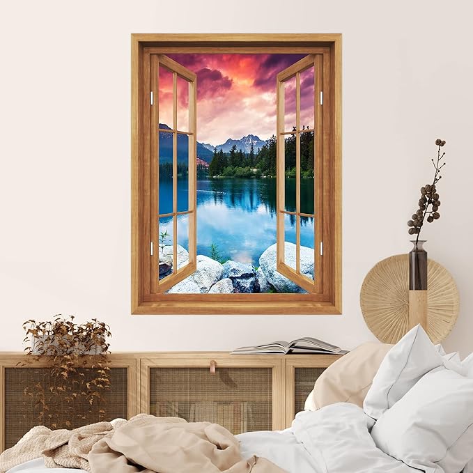 SIGNWIN Removable Wall Sticker/Wall Mural Window View Vibrant Purple Mountain Sunset Nature Wilderness Photography Realism Decorative Landscape Digital Art for Living Room, Bedroom, Office - 36"x48"