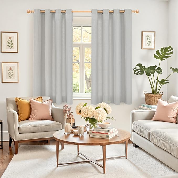 YoungsTex Grey Linen Semi Sheer Curtains 54 Inches Length for Short Window, Light Filtering Drapes with Grommet for Bathroom Kitchen, 2 Panels, Grey, 52 X 54 Inch