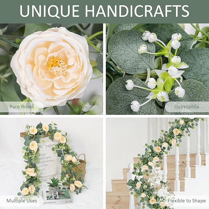 TOCHGREEN 2 Pack 12Ft Artificial Eucalyptus Flower Garland with Champagne Roses, Fake Rose Flower Greenery Garland Floral Vines for Wedding Home Party Table Runner Decor (2PCS, Champagne)