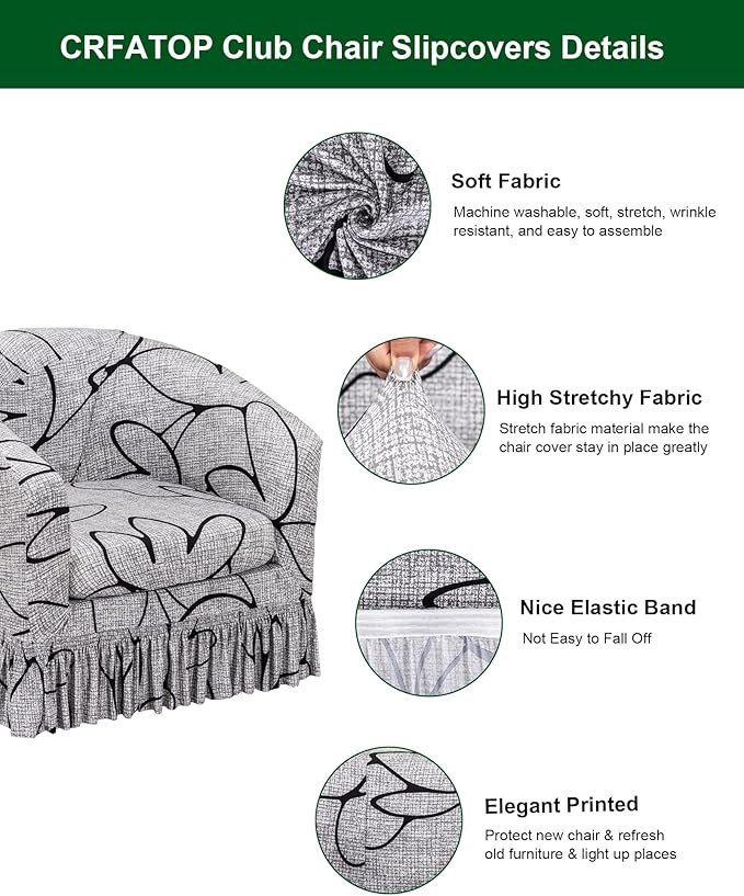 CRFATOP 2 Piece Club Chair Slipcover with Skirt Printed Tub Armchair Covers with Seat Cushion Cover Soft Printed Round Barrel Furniture Protector for Bar Counter Living Room,C12