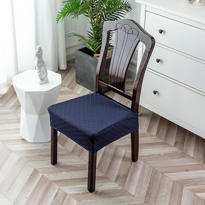 Genina Waterproof Seat Covers for Chairs,Set of 4 Dining Room Chair Seat Covers for Kitchen,Stretch Jacquard Removable Washable Dining Chair Slipcovers Protectors,No Rear Covers, Navy Blue