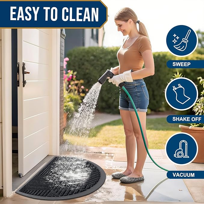 Smiry Half Circle Front Door Mat Outside Entrance, Heavy Duty Sturdy Natural Rubber Doormat, Trap Dirt and Moisture, Low Profile Mats for Indoor Outdoor Entry, Irregular Triangle (35x23, Black)