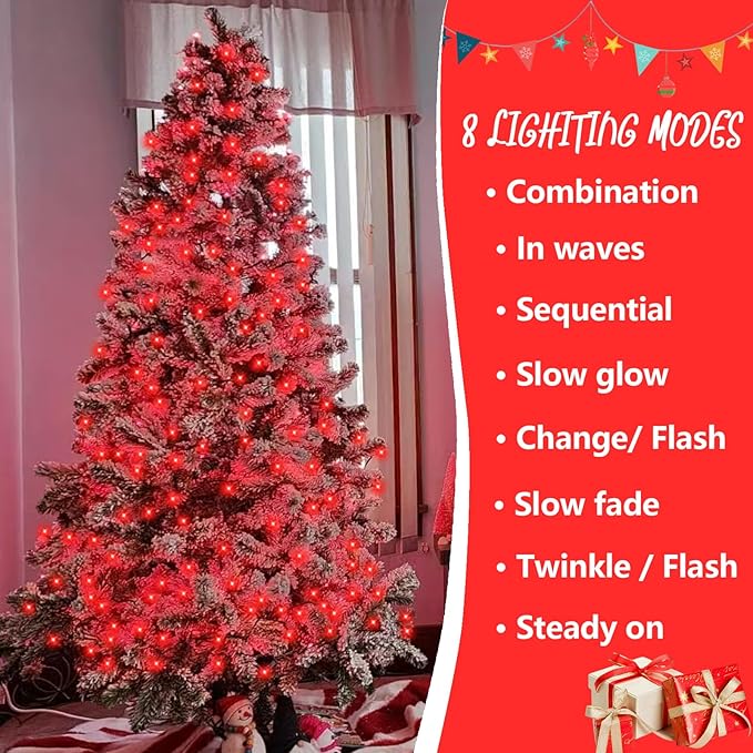 YEGUO 66ft 200 LED Red Christmas Lights Outdoor Waterproof, Green Wire String Lights Indoor, 8 Modes Twinkle Lights for Christmas Tree Plug in with Timer Memory