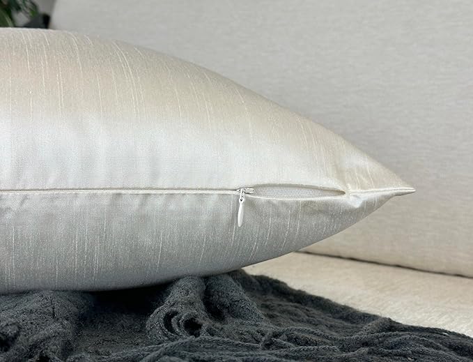Aiking Home 20x20 Inches Faux Silk Square Throw Pillow Cover, Zipper Closure, Ivory (Set of 2)