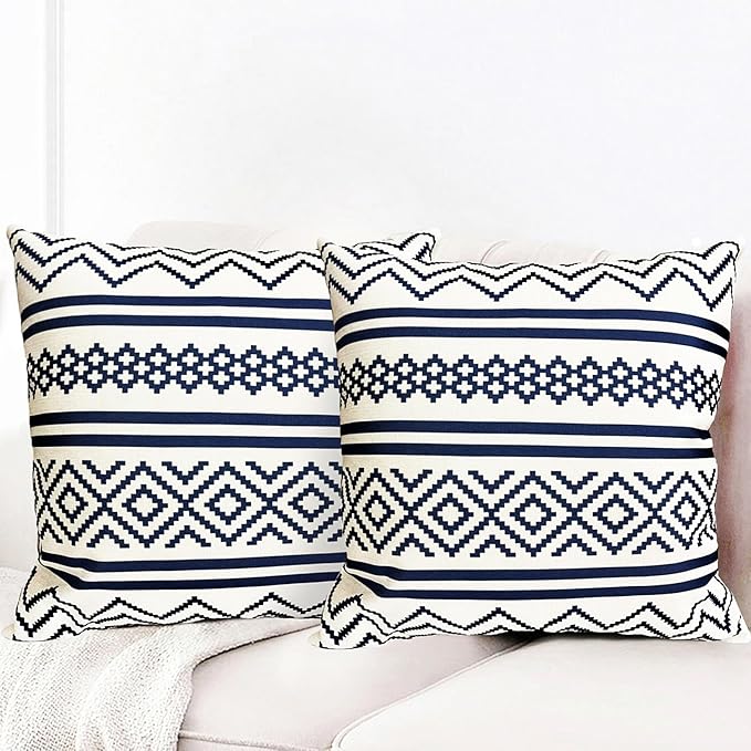 Decorative Throw Pillow Covers Set of 2 Blue Boho Pillow Covers 22x22 Inch Throw Pillow Cover Linen Pillowcase Modern Farmhouse Outdoor Pillow Covers for Couch Sofa Bed Living Room