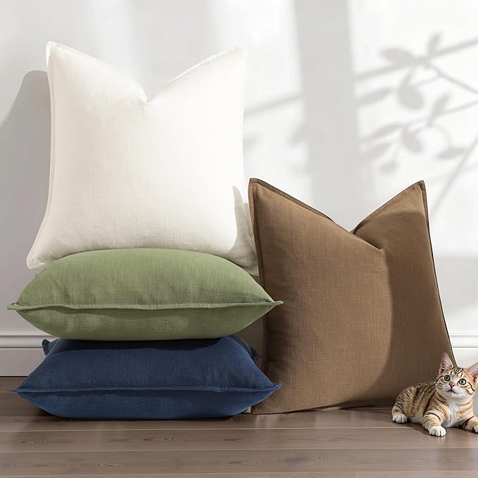 decorUhome Christmas Decorative Linen Throw Pillow Covers 24x24 Inch Set of 2 Cream White Soft Pillow Covers with Flange Edges Soft Farmhouse Boho Accent Pillow Cases for Couch Sofa Bed Living Room