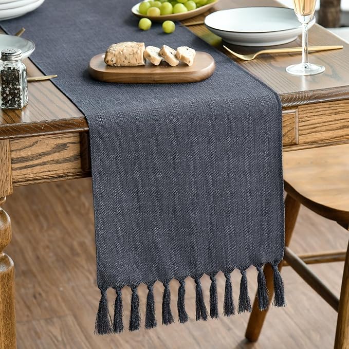 Artoid Mode Graphite Grey Tassel Table Runner, Linen Blend Rustic Farmhouse Style Kitchen Table Decoration Holiday Wedding Party Dinning Decor 13x36 Inch