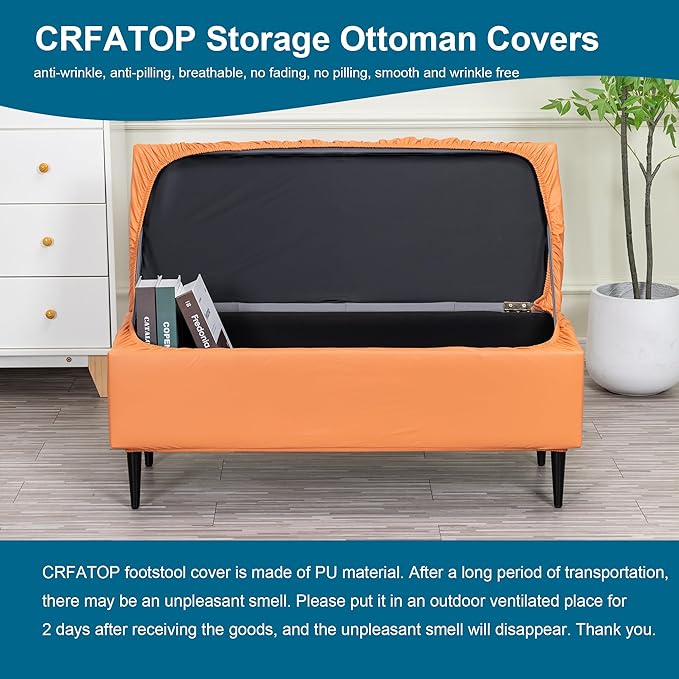 CRFATOP Waterproof PU Ottoman Stool Cover Stretch Folding Storage Footstool Bench Slipcovers Upholstered Foot Chest Chair Covers Washable Entryway Furniture Protector with Elastic Bands,L,Orange