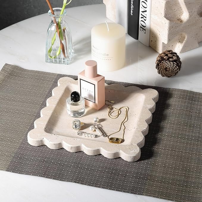 Travertine Decorative Tray, 7.8in Marble Scallop Edge Tray, Square Bathroom Trays for Jewelry Perfume, Vanity, Coffee Table, Beige Stone Trinket Dish for Woman, Dresser Décor Gift