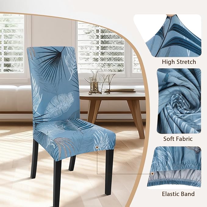 SearchI Summer Pattern Dining Room Chair Covers Set of 6, Stretch Printed Parsons Chair Slipcovers Spandex Removable Washable Kitchen Chair Protector Cover for Dining Room, Hotel, Ceremony (Blue)