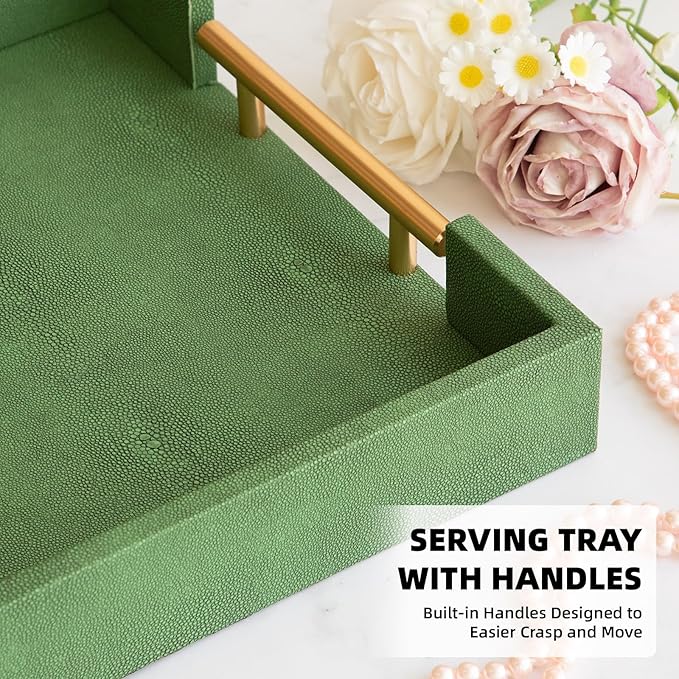 Decorative Tray Set of 2, Green Shagreen Leather Tray, Modern Elegant Rectangle Serving Trays with Gold Polished Metal Handles, Ottoman Trays Coffee Table Perfume Kitchen Home Decor
