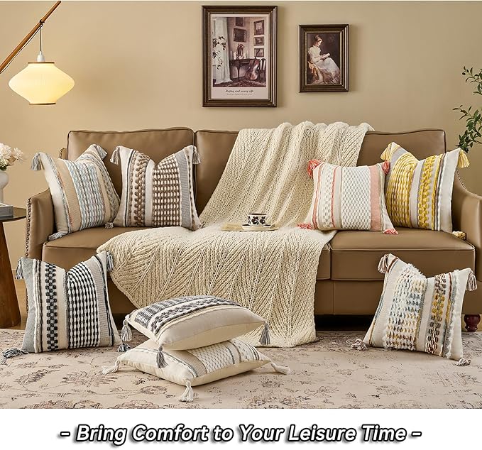 AmHoo Set of 2 Chenille Striped Textured Boho Throw Pillow Covers Aesthetic with Tassels Woven Decorative Pillow Case for Couch Bed Sofa Bedroom Modern Funky 18 x 18-Inch Black Multicolor