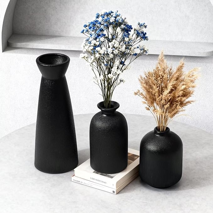 Christmas Black Ceramic Flower Vases Set of 3, Large Xmas Gift Vases with Vertical Stripe Texture, Modern Decorative Vases for Dried Flowers, Home Decor for Living Room Bedroom Kitchen Shelf