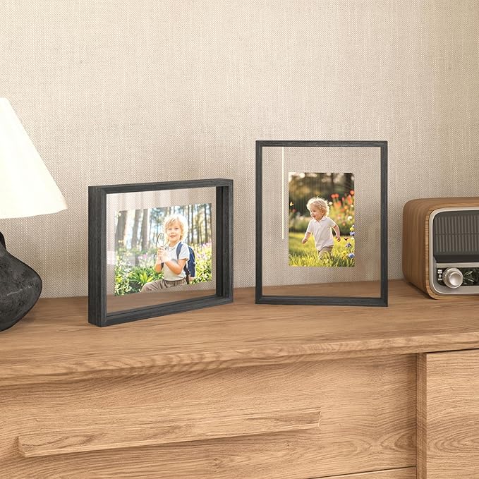 Egofine 8.5x11 Floating Frames Set of 2, Double Plexiglass Picture Frame, Made of Solid Wood Display Any Size Photo up to 8.5x11, Wall Mount or Tabletop Standing, Faded Black