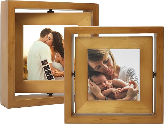 4x4 Double-Sided Rotating Floating Square Picture Frames (2 Pack, Brown), Solid Pine Wood with Real Glass for Horizontal Vertical Standing Display Desk Tabletop Photo Frames