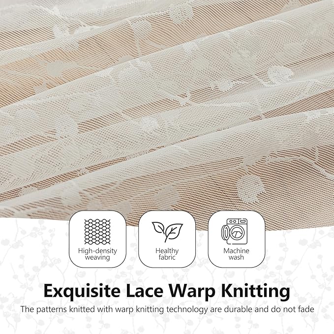 Ivory Lace Sheer Curtains – Vintage Branches Pattern Lace for Bedroom/Kitchen, Rustic Privacy Light Filtering Rod Pocket Drapes, Delicate Chic Window Treatments, 52W x 54L Inch, 2-Panel