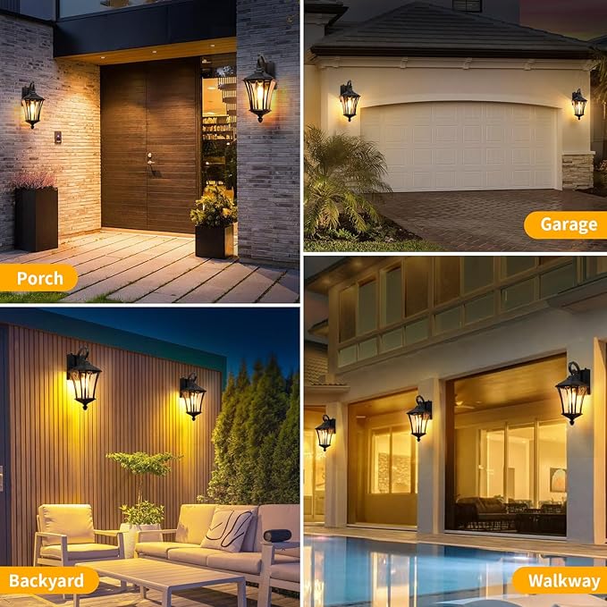 YSN 2 Pack Dusk to Dawn Outdoor Light Fixture Wall Mount Porch Lights Weather Resistant Exterior Sconce Light, Waterproof Wall Lantern for Porch, Garage, Backyard, Walkway, E26 Socket, Black